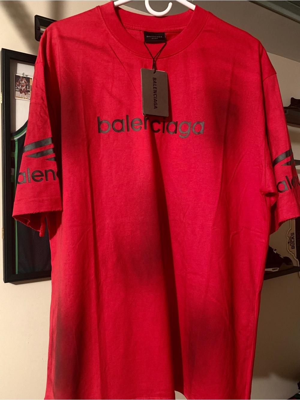Balenciaga Red Short-Sleeve Logo Tee with Black Accents